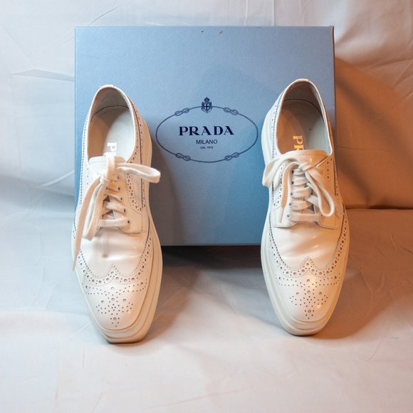 Prada Shoes - Prada White Leather Wingtip Oxfords
